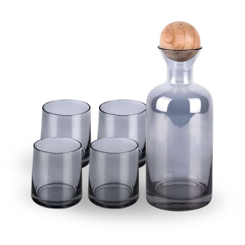 SANTU HOME & DECO - Jarra de Vidrio Decantador Lujoso 4 vasos Gris