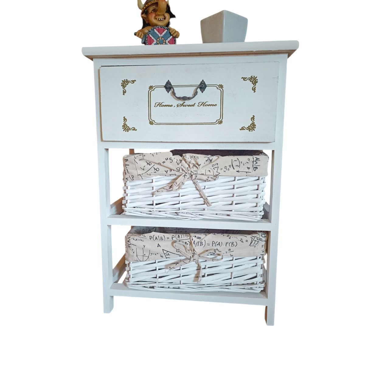 GENERICO - MESA DE NOCHE MADERA BLANCO CON CAJON Y DOS CANASTOS FORRADOS TELA