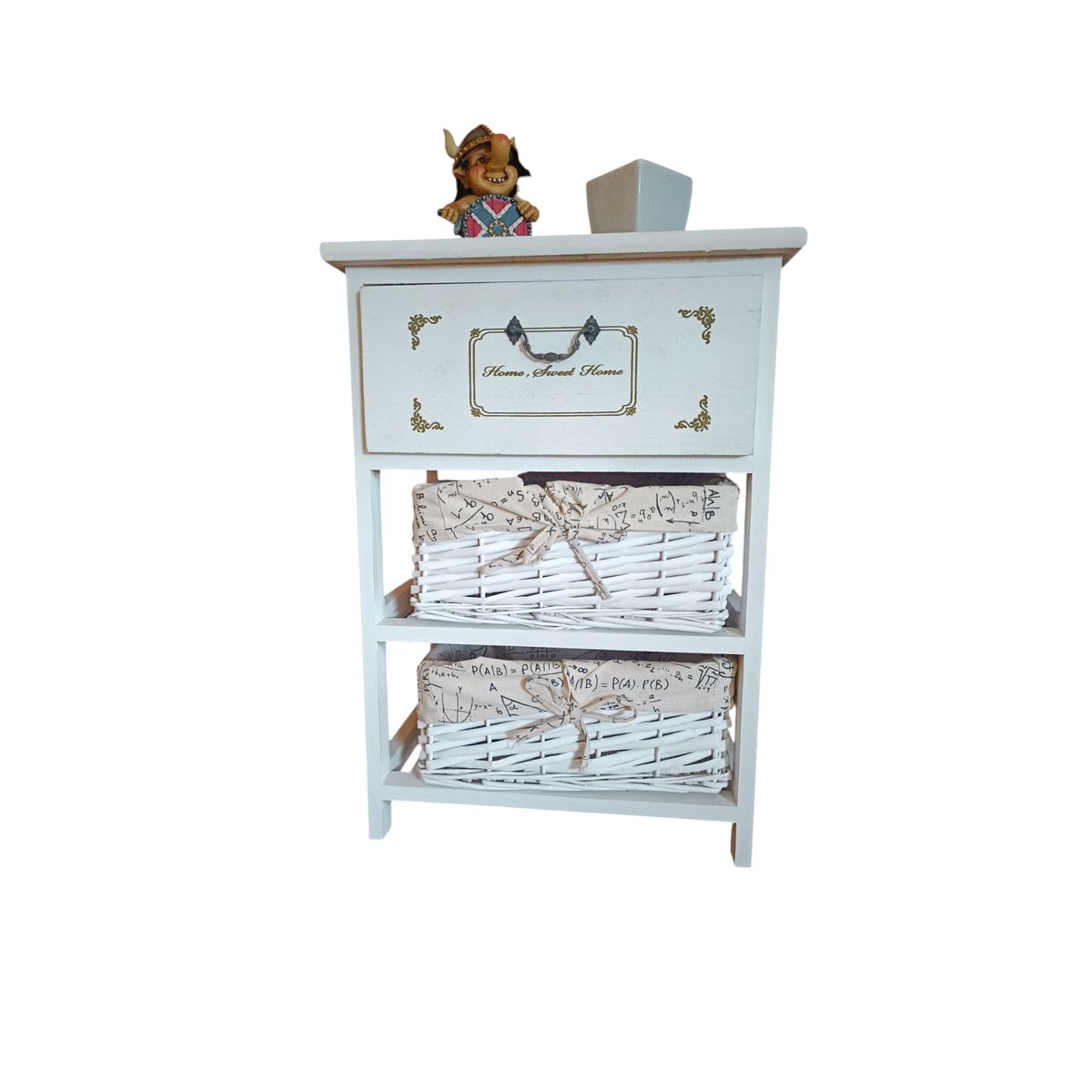 GENERICO - MESA DE NOCHE MADERA BLANCO CON CAJON Y DOS CANASTOS FORRADOS TELA