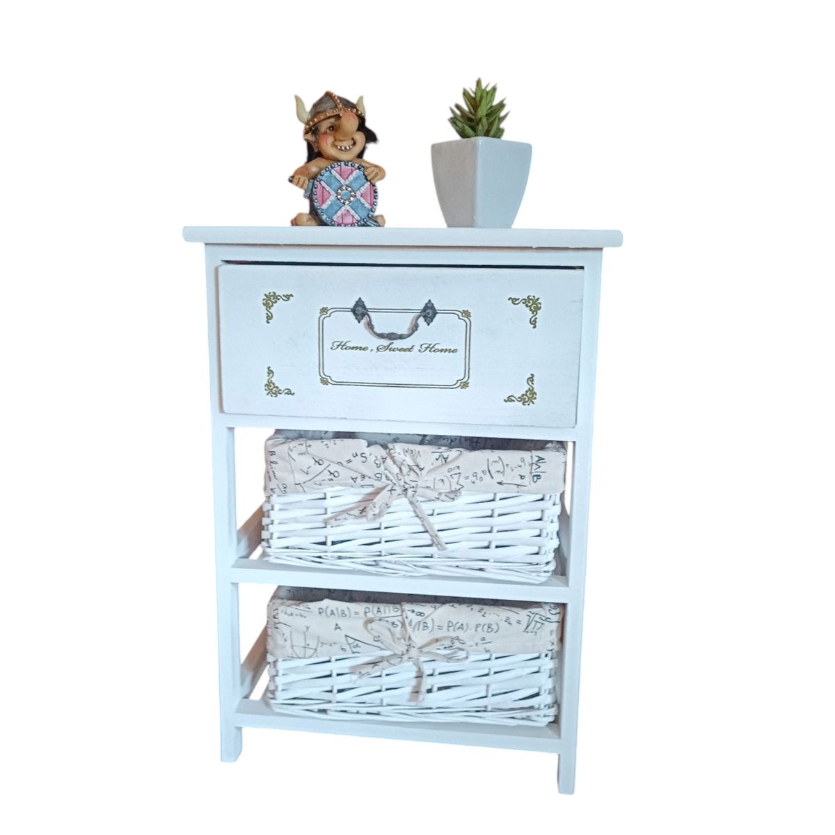 GENERICO - MESA DE NOCHE MADERA BLANCO CON CAJON Y DOS CANASTOS FORRADOS TELA