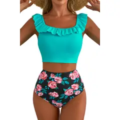 GLORIAHOON - Bikini Sexy Cintura Alta y Vuelos Chic Floral