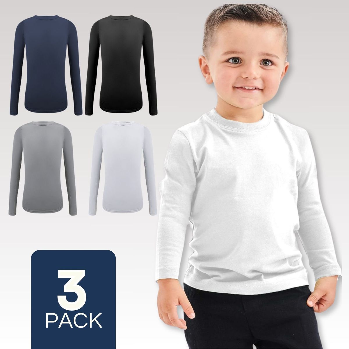 UTILISIMO - Pack 3 Camisetas Bambú Primera Capa Polera Niño Cuello Redondo Surtido