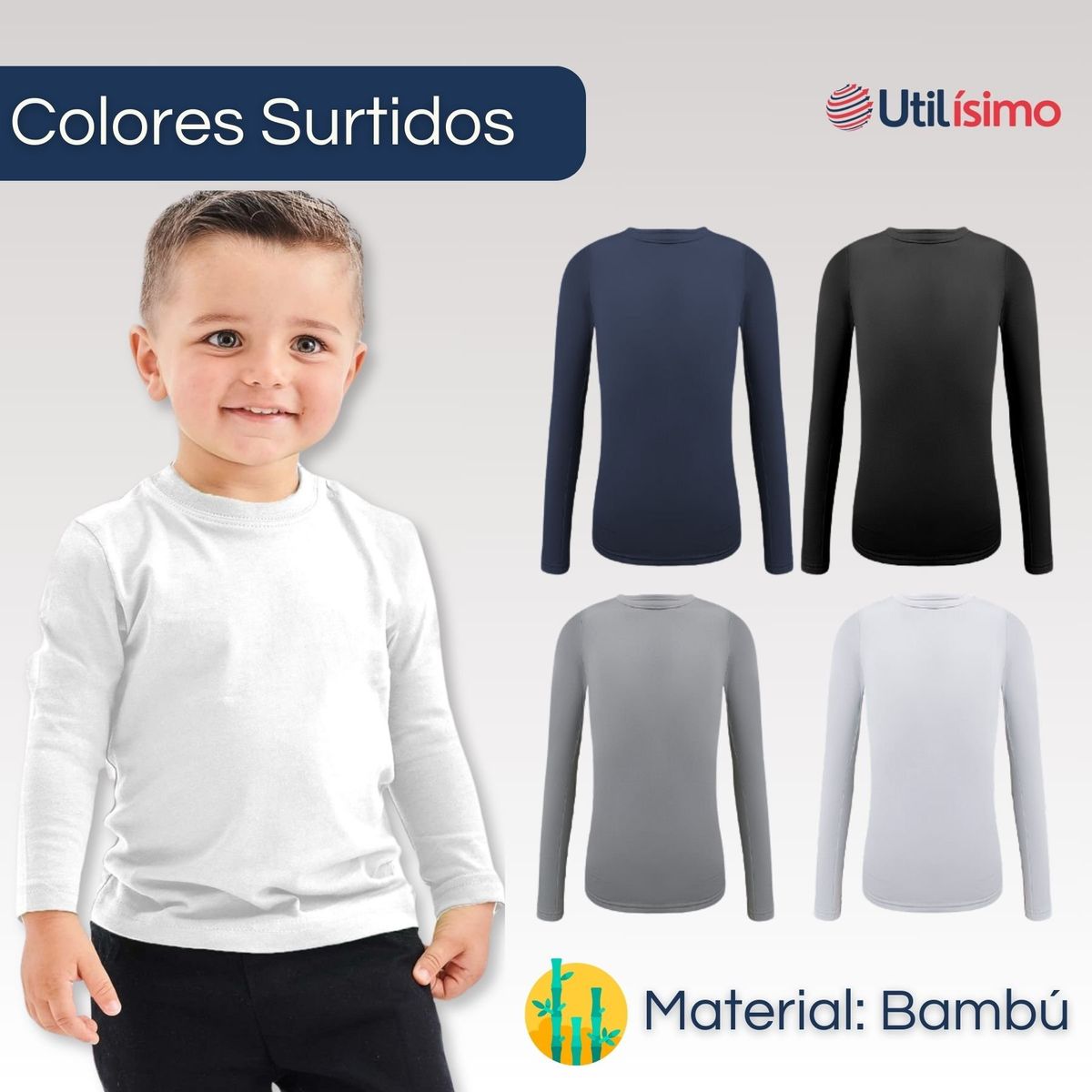 UTILISIMO - Pack 3 Camisetas Bambú Primera Capa Polera Niño Cuello Redondo Surtido