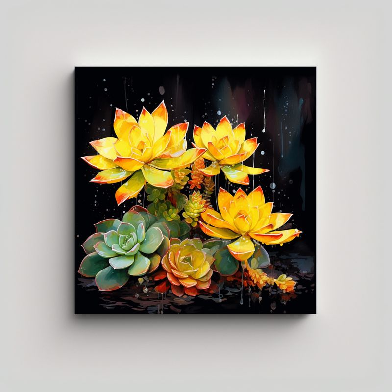 GENERICO - Cuadro Vida De Suculentas En Colores Amarillos 70x70 Cm