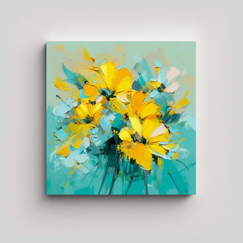 GENERICO - Cuadro Floral Moderno Amarillo Y Turquesa En 50x50 Cm