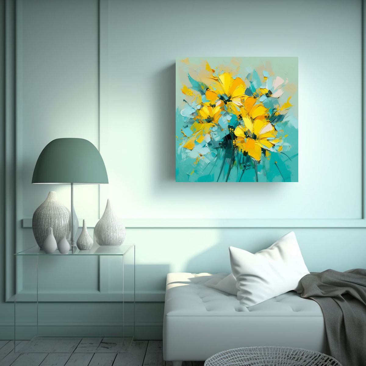GENERICO - Cuadro Floral Moderno Amarillo Y Turquesa En 50x50 Cm