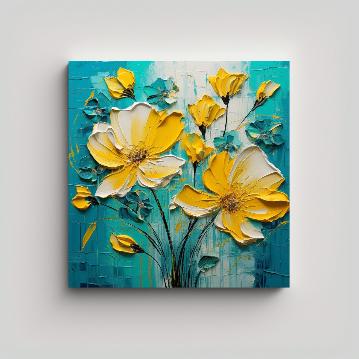 GENERICO - Cuadro Decorativo Floral Amarillo Y Turquesa En 90x90 Cm