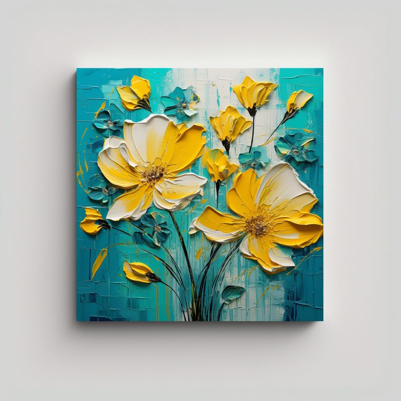 GENERICO - Cuadro Decorativo Floral Amarillo Y Turquesa En 90x90 Cm