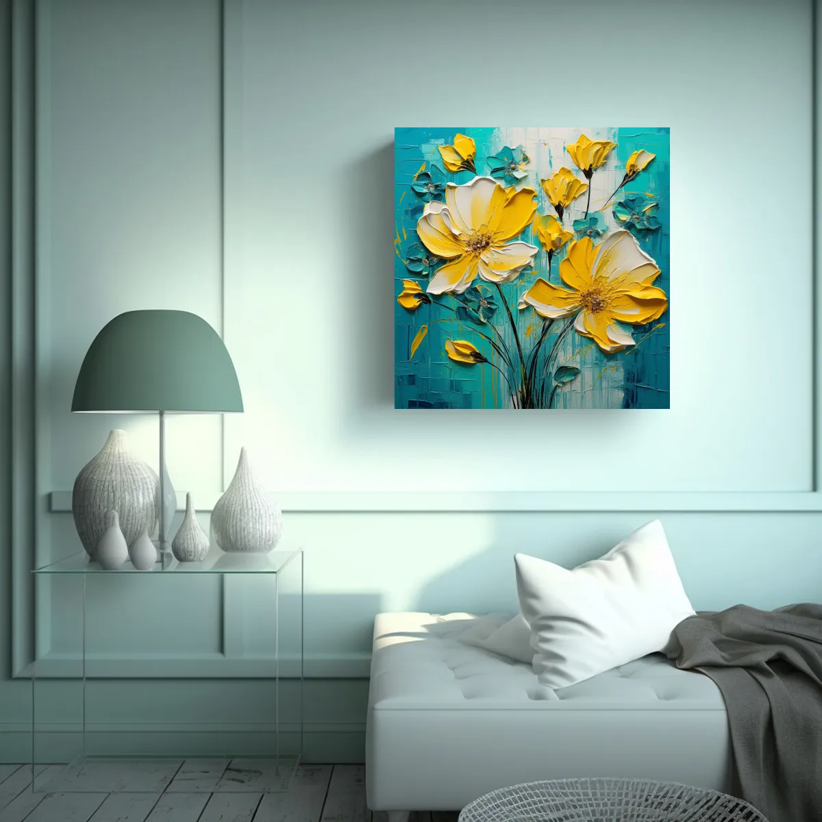 GENERICO - Cuadro Decorativo Floral Amarillo Y Turquesa En 90x90 Cm