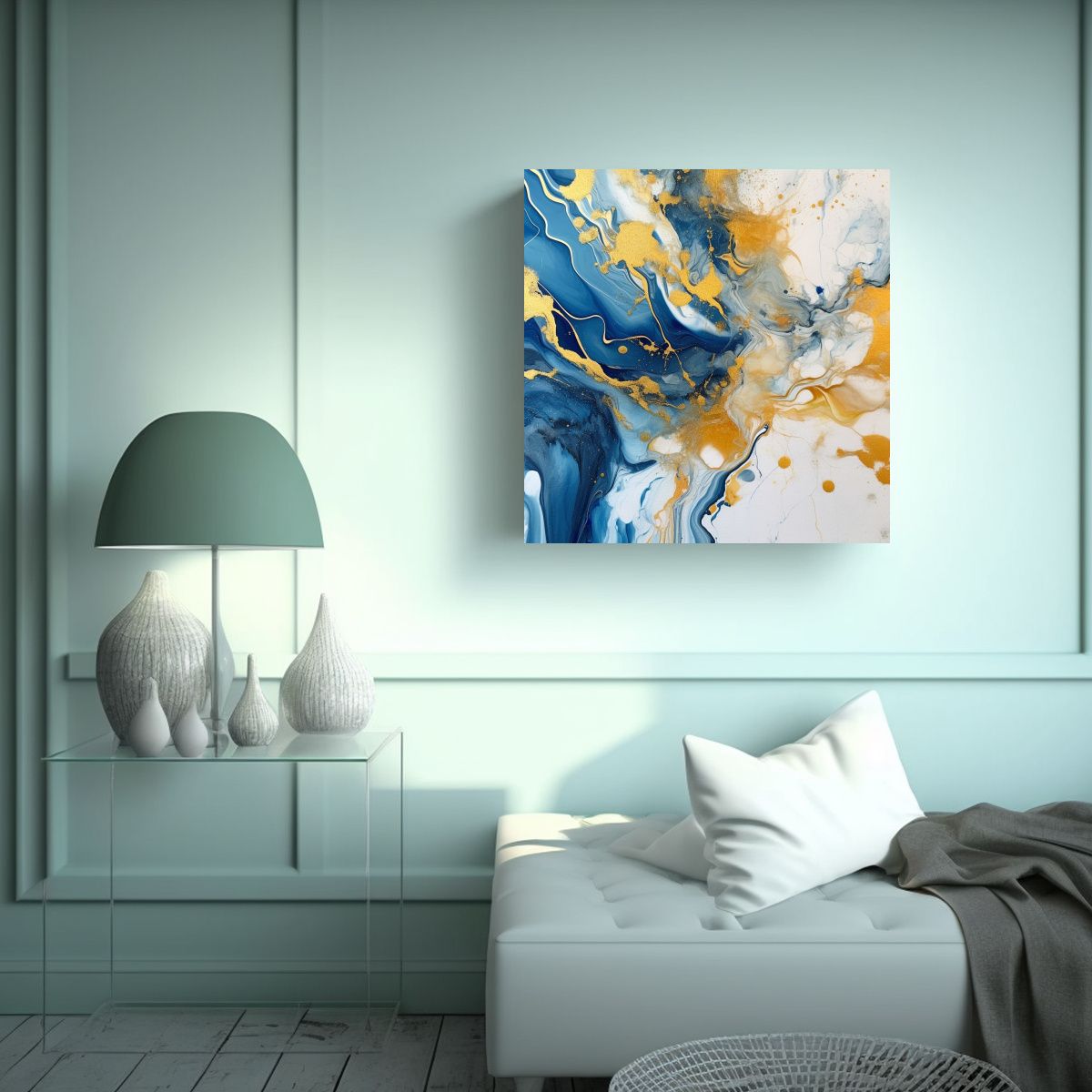 GENERICO - Pintura Abstracta Azul Y Oro Con Relieve En 90x90 Cm