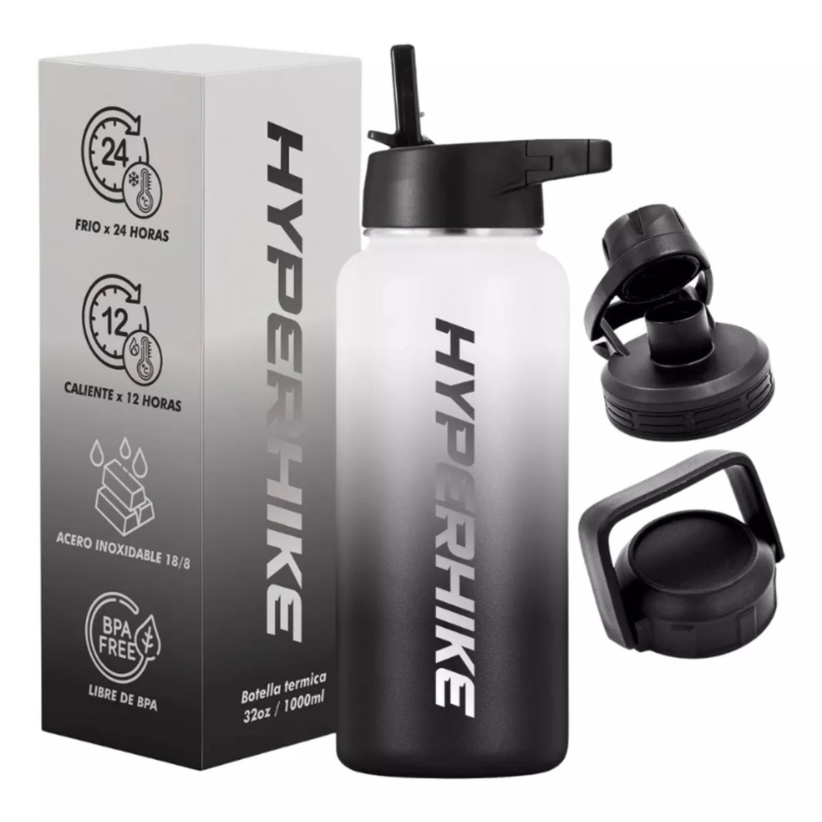 HYPERHIKE - Termo Acero Inoxidable 1lt Hyperhike Botella Térmica 3 Tapas