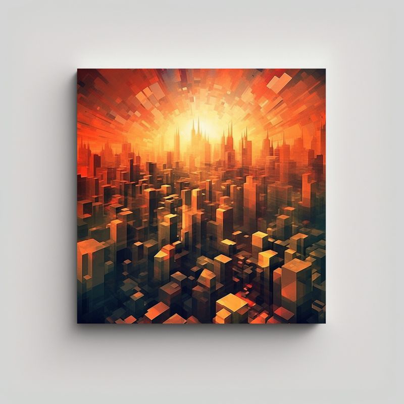 GENERICO - Cuadro Al óleo De Paisaje Urbano Al Atardecer 90x90 Cm