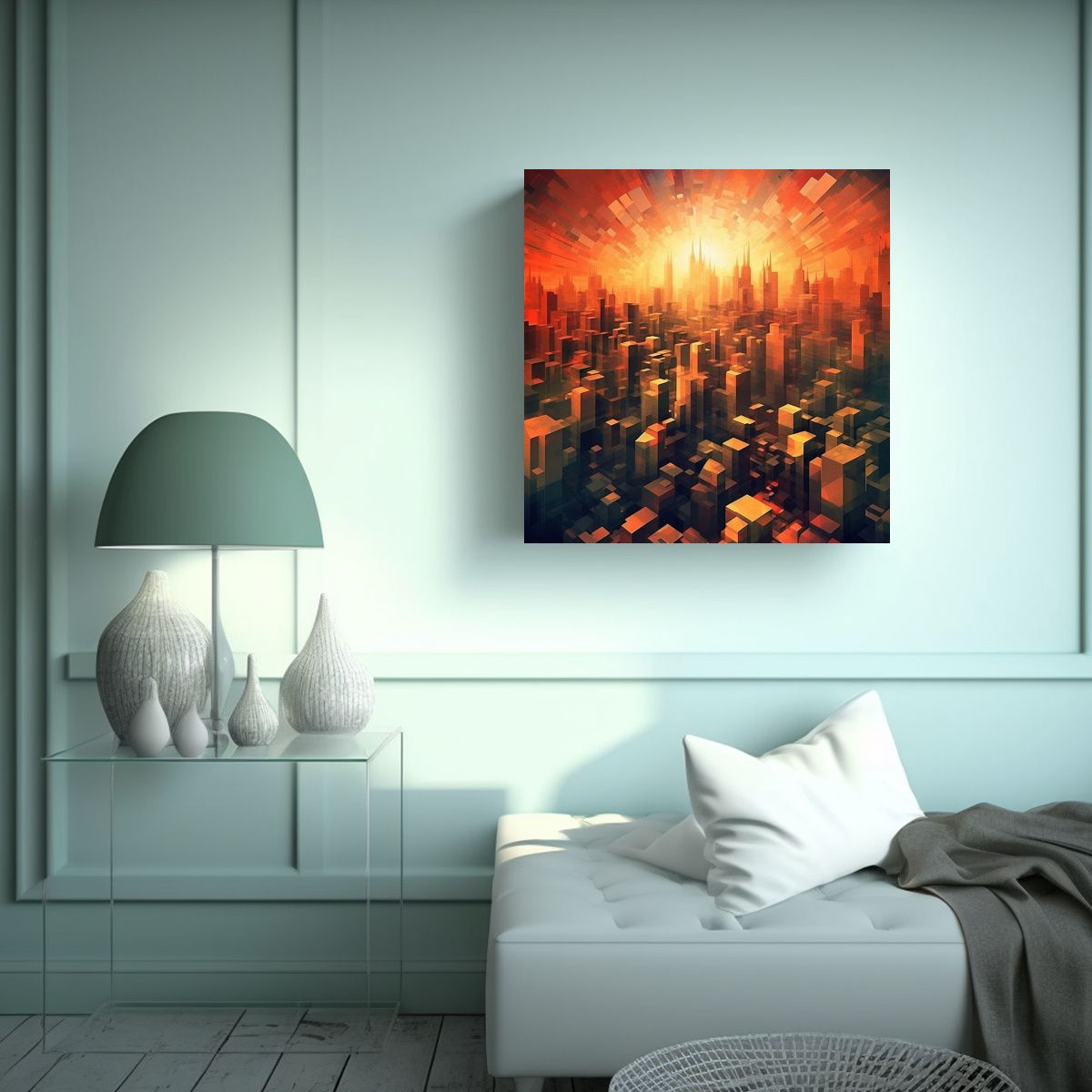 GENERICO - Cuadro Al óleo De Paisaje Urbano Al Atardecer 70x70 Cm