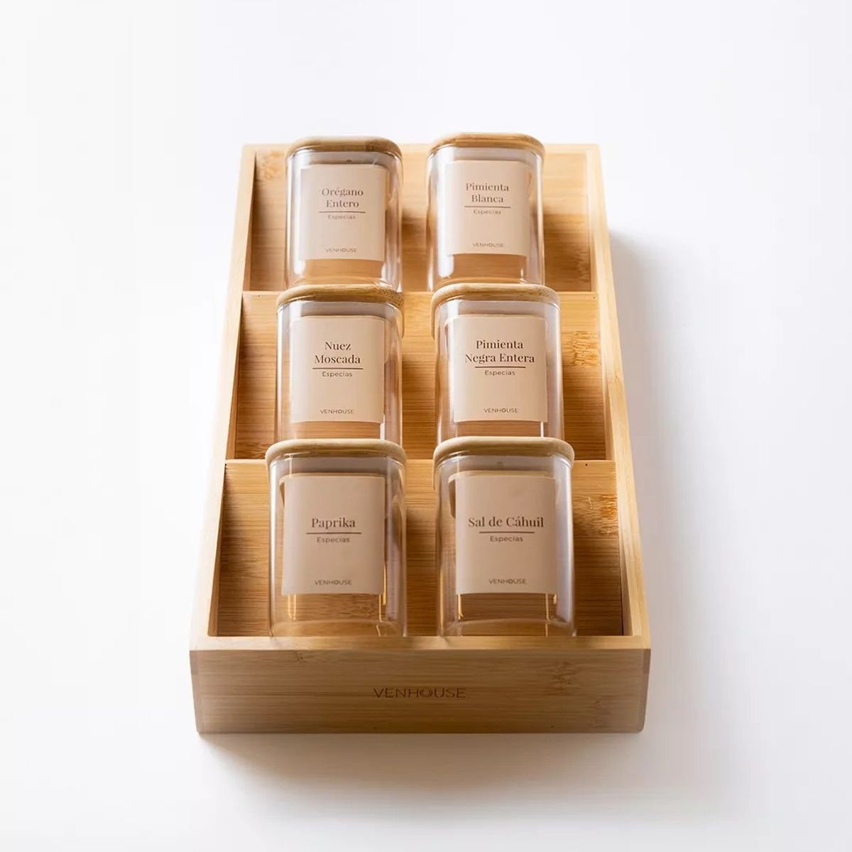 GENERICO - Set 6 Especieros Condimenteros Rack De Bambú Cocina Etiqueta Beige