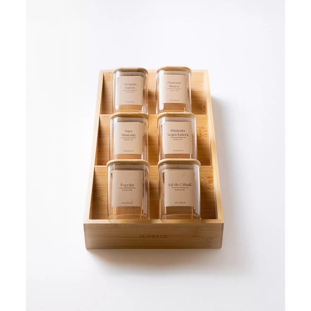GENERICO - Set 6 Especieros Condimenteros Rack De Bambú Cocina Etiqueta Beige