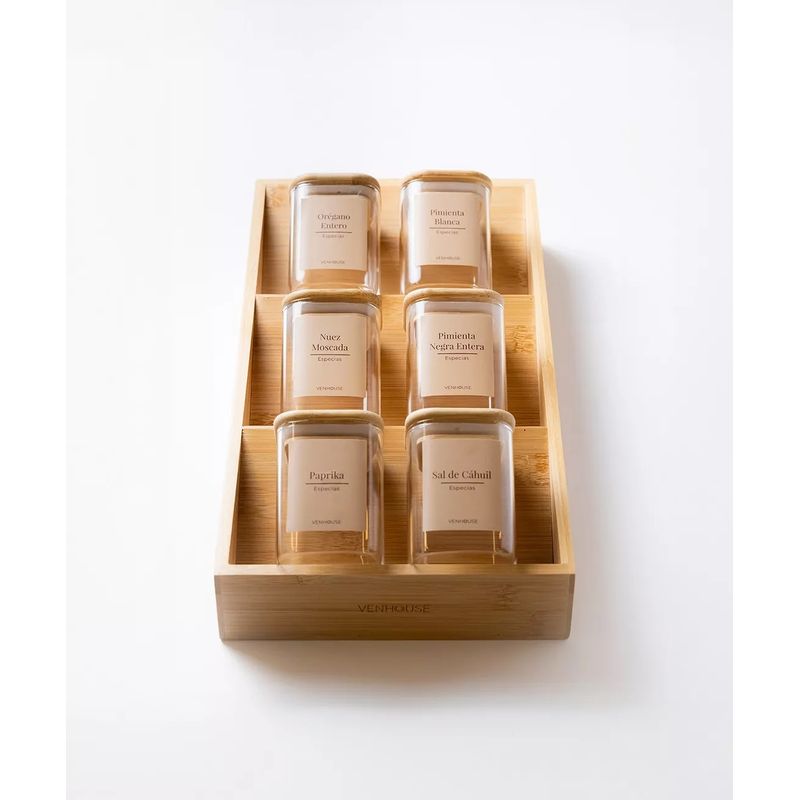 GENERICO - Set 6 Especieros Condimenteros Rack De Bambú Cocina Etiqueta Beige