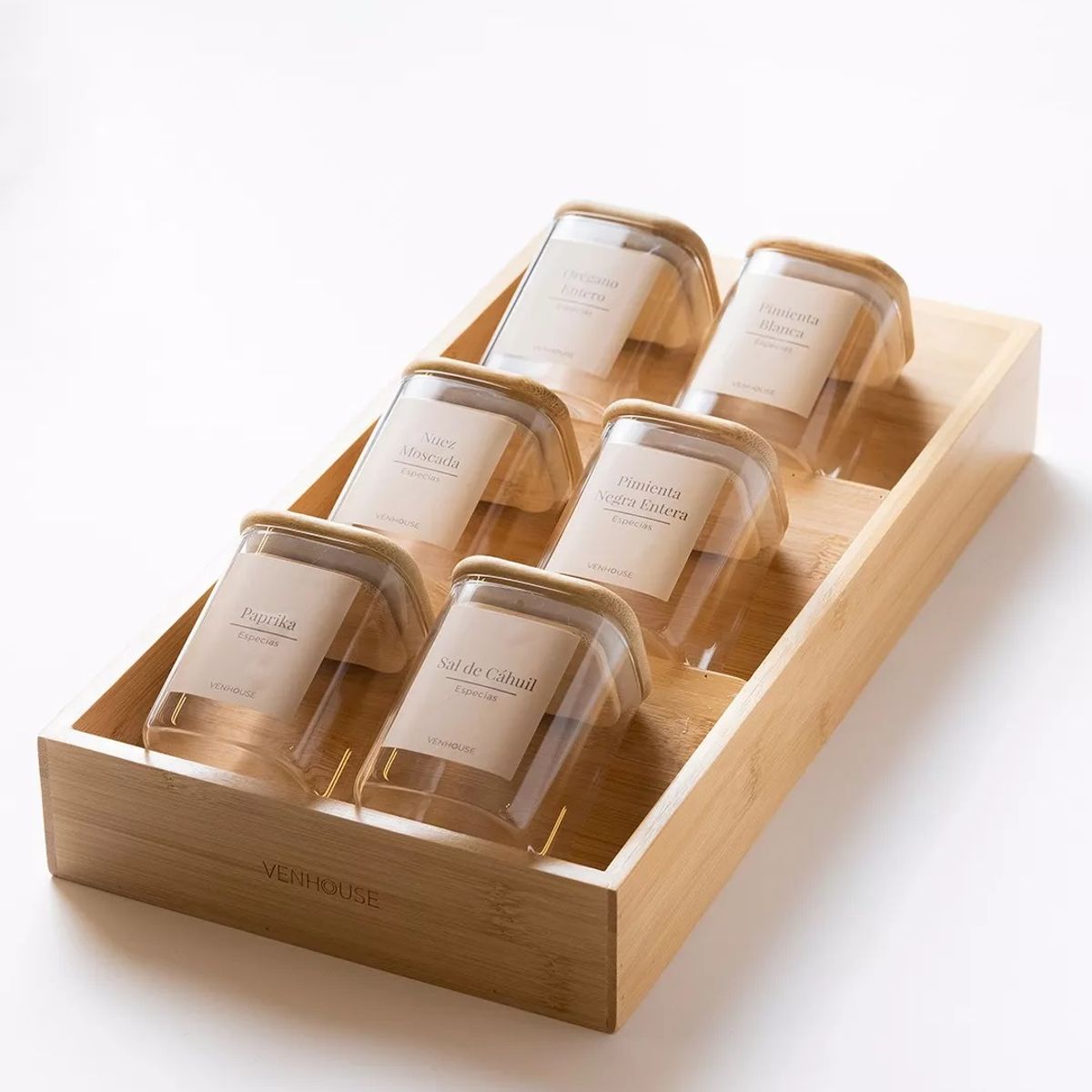 GENERICO - Set 6 Especieros Condimenteros Rack De Bambú Cocina Etiqueta Beige