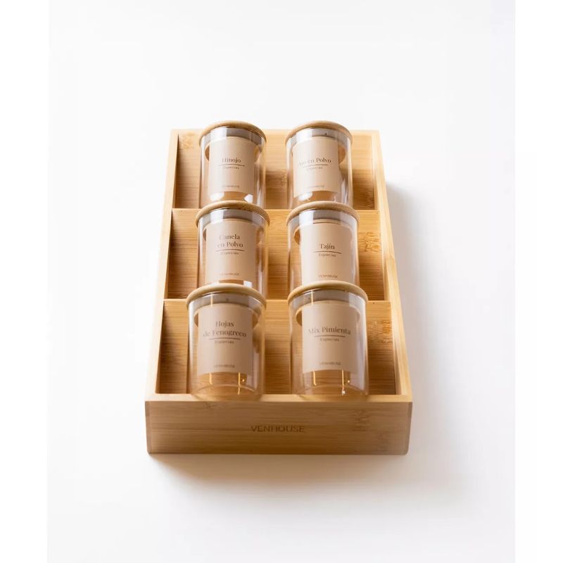 GENERICO - 6 Especieros Condimenteros Redondos Rack Bambú Cocina Etiqueta Beige