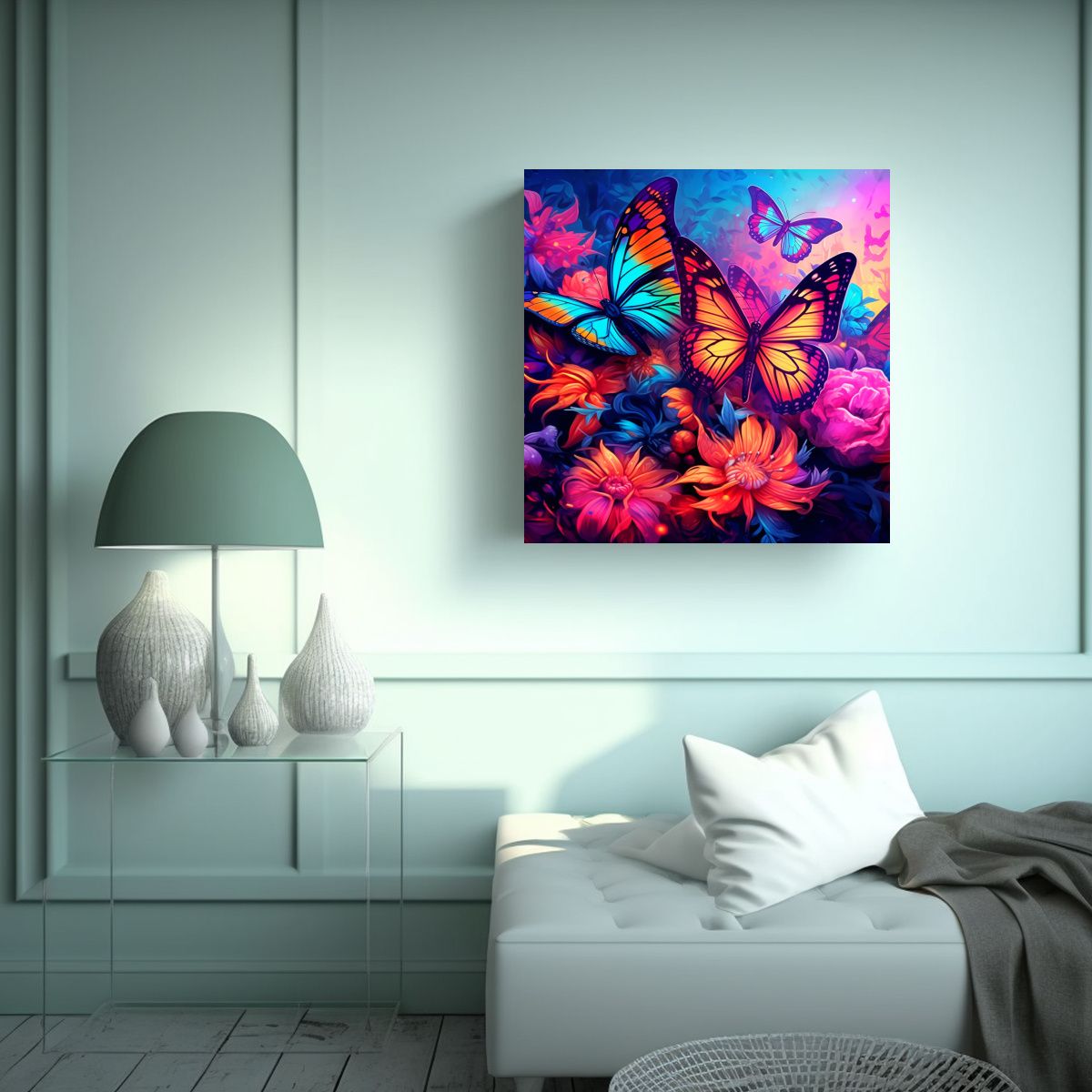 GENERICO - Cuadro Abstracto Original Con Mariposas Coloridas 80x80 Cm