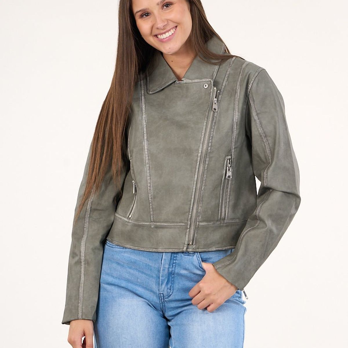 POLEMIC - Chaqueta biker PU procesada Verde VW9748 Polemic