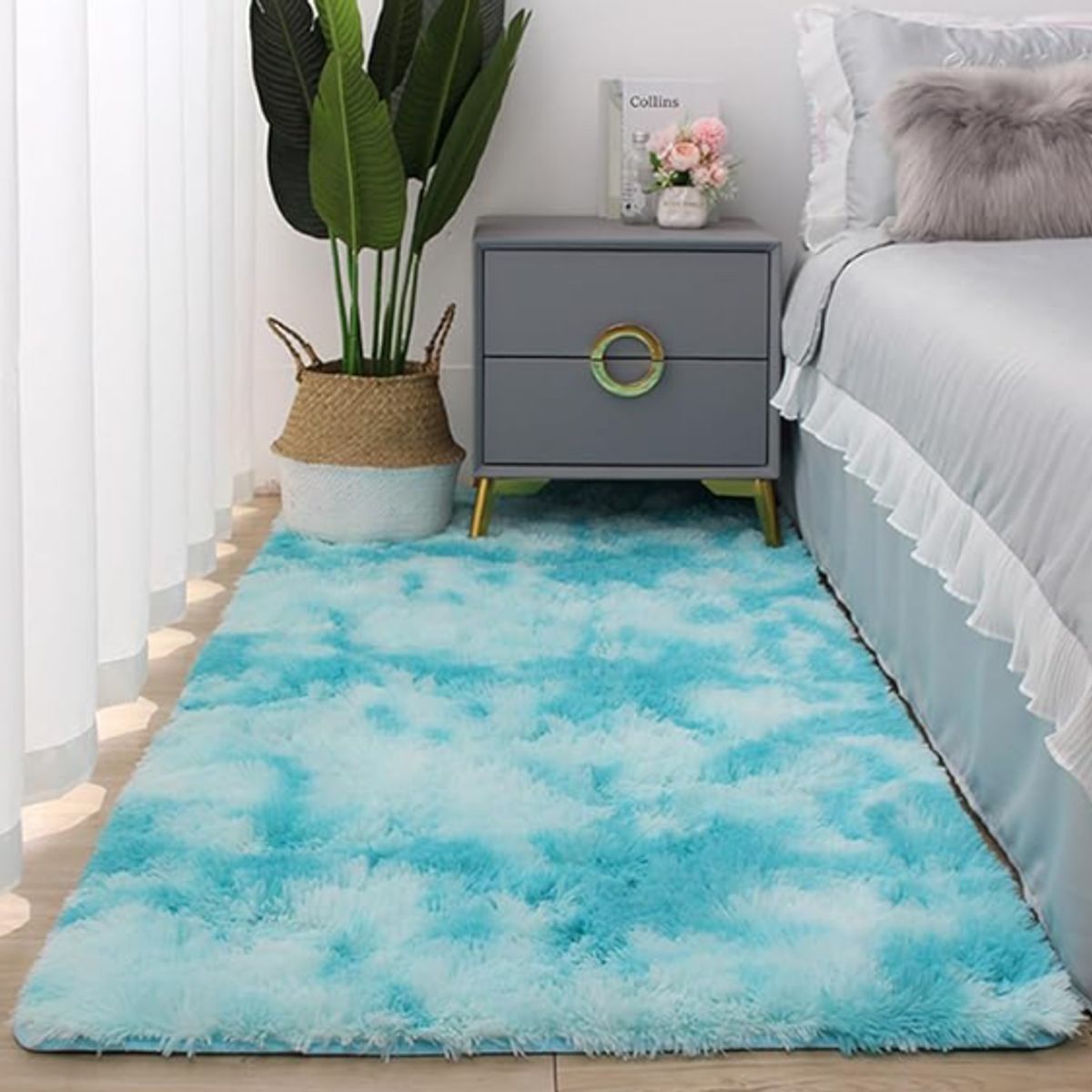 GENERICO - alfombra bajada de cama shaggy turquesa 150x50