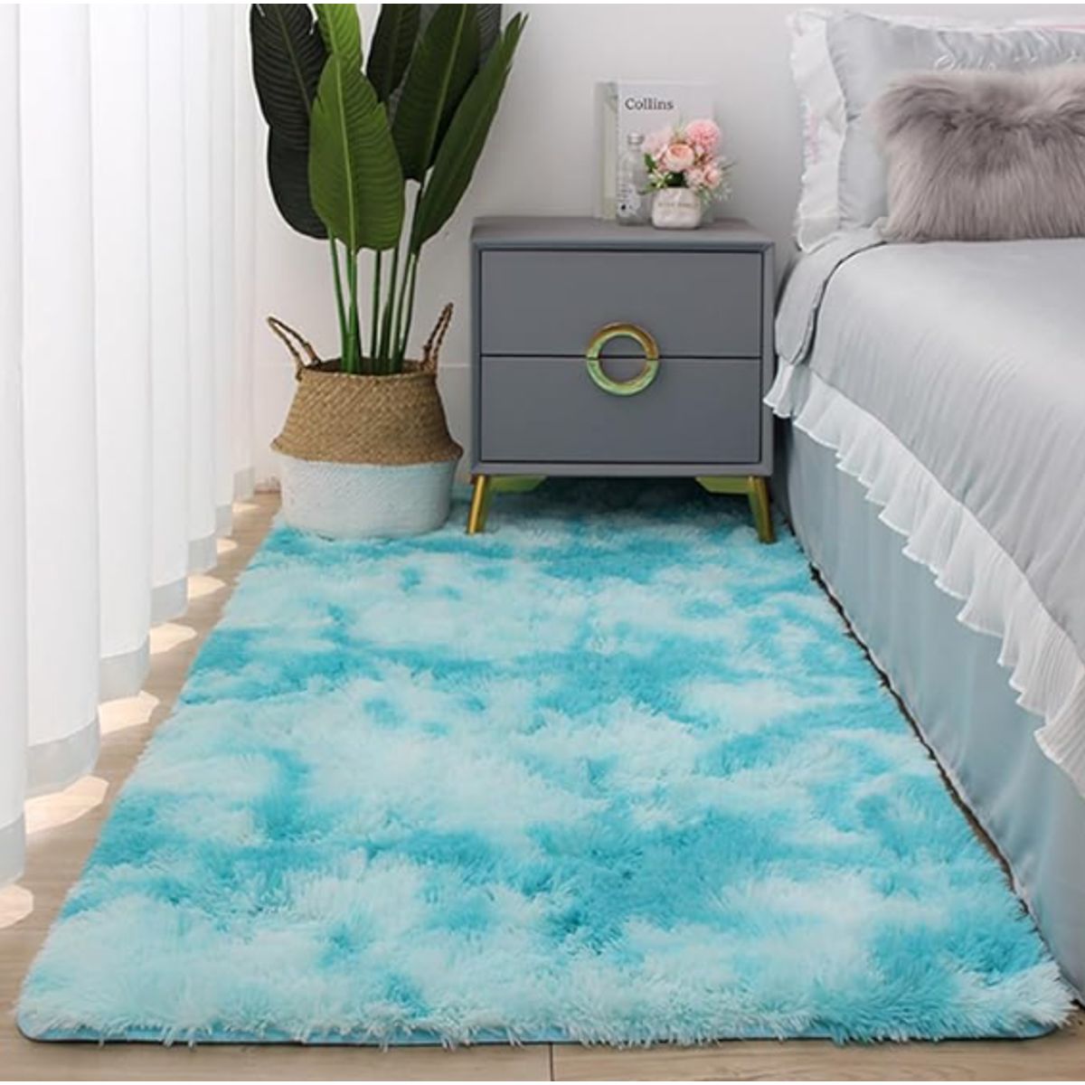 GENERICO - alfombra bajada de cama shaggy turquesa 150x50
