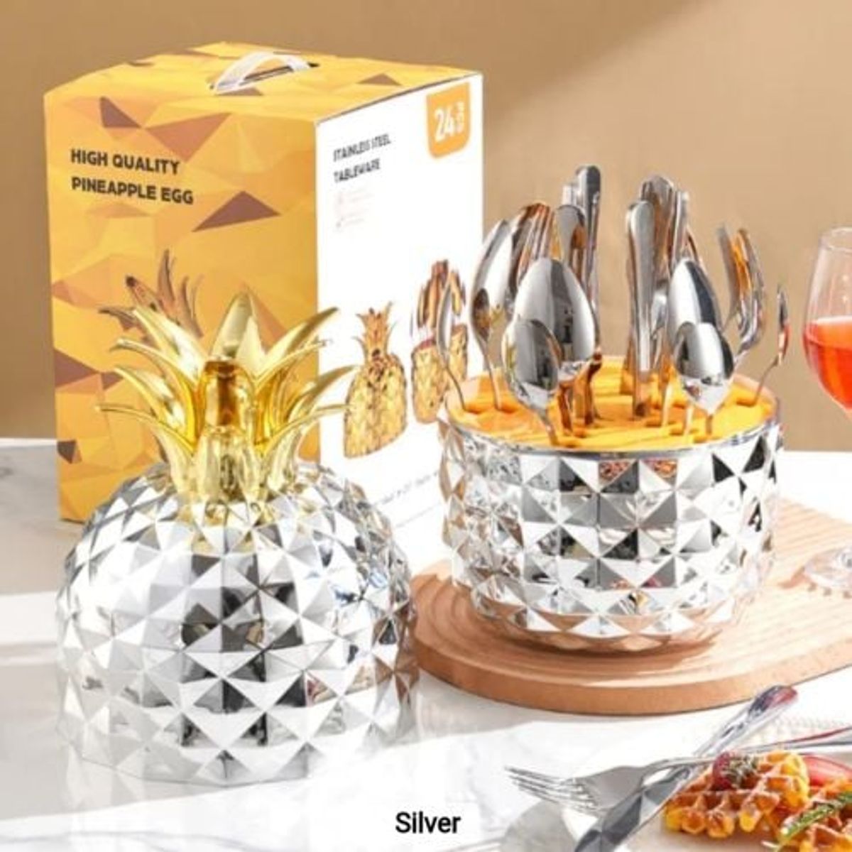 GENERICO - Juego de Cuchilleria Acero Inoxidable 24 Pcs Diseño Piña Plateada