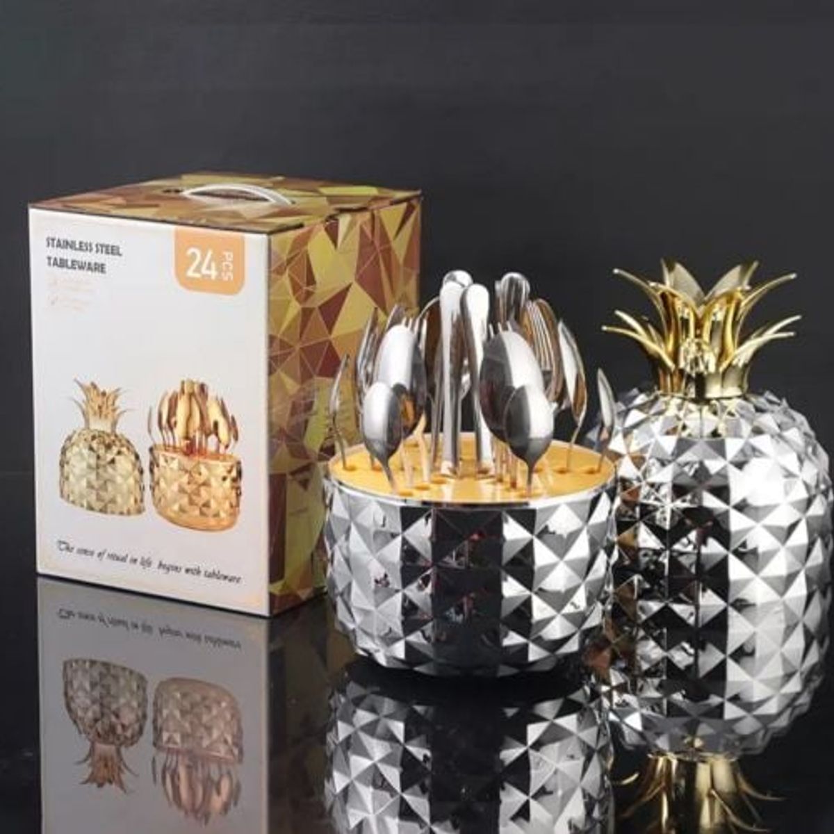GENERICO - Juego de Cuchilleria Acero Inoxidable 24 Pcs Diseño Piña Plateada