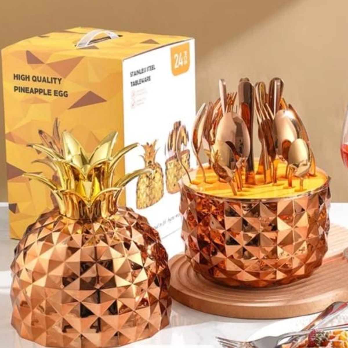 GENERICO - Juego de Cuchilleria Acero Inoxidable 24 Pcs Diseño Piña Gold Rose