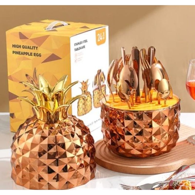 GENERICO - Juego de Cuchilleria Acero Inoxidable 24 Pcs Diseño Piña Gold Rose