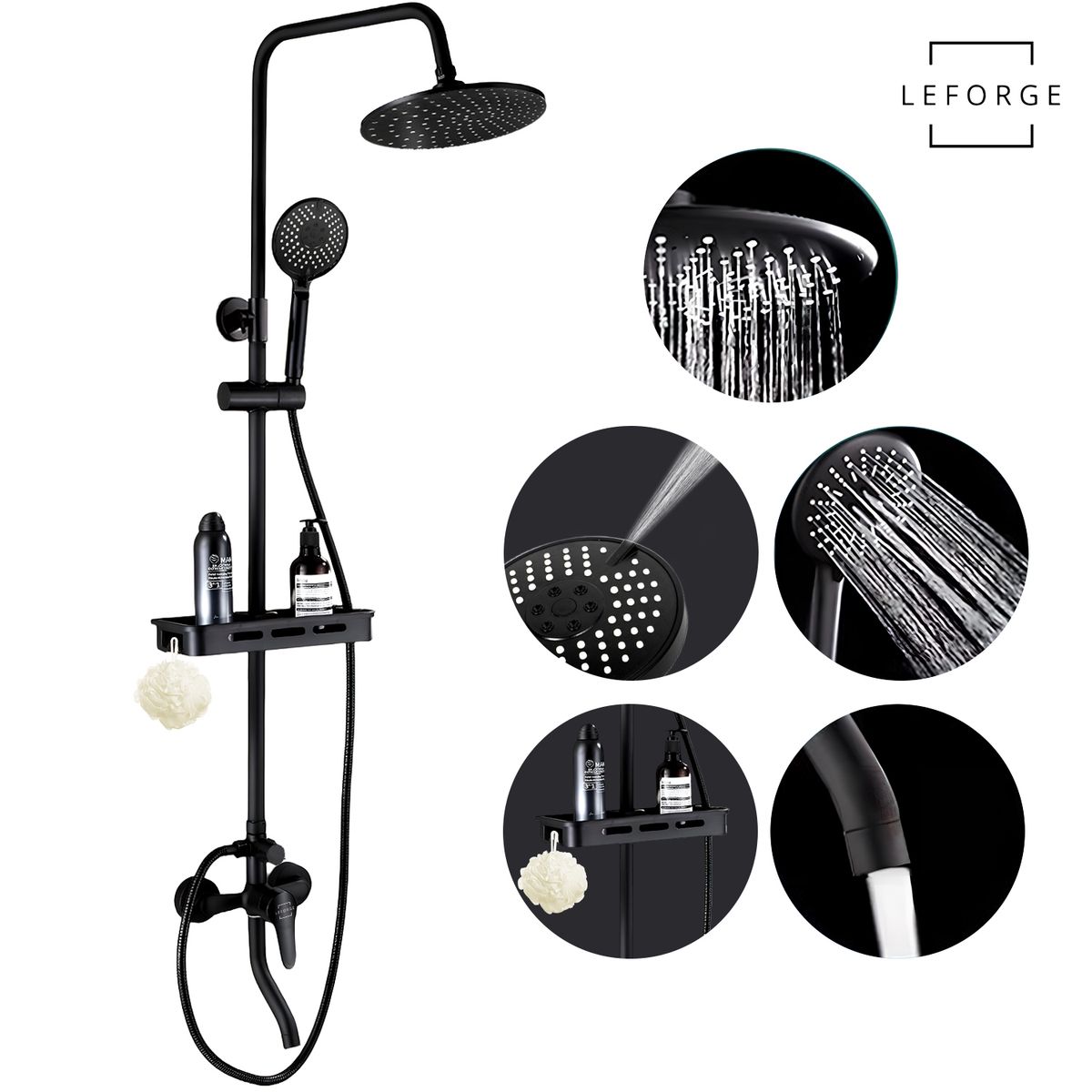 LEFORGE - Columna De Ducha Moderna 3 Funciones Monomando Con Jabonera Negro