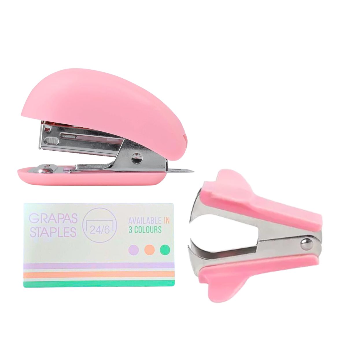 MOTARRO - Set Mini Corchetera + Sacacorchetes + Corchetes Kawai Rosa