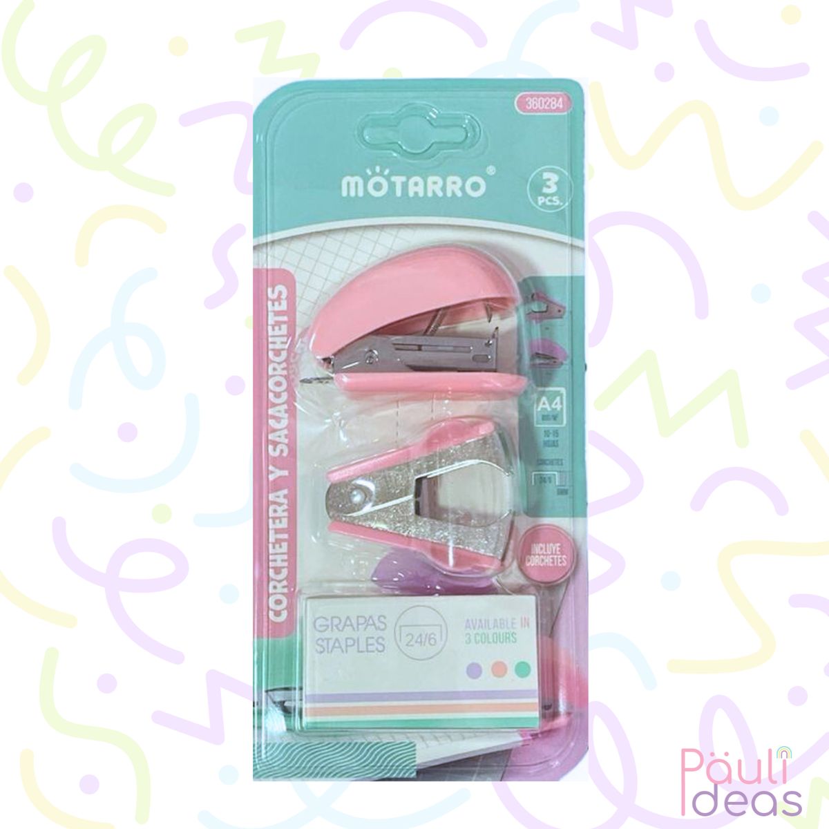 MOTARRO - Set Mini Corchetera + Sacacorchetes + Corchetes Kawai Rosa