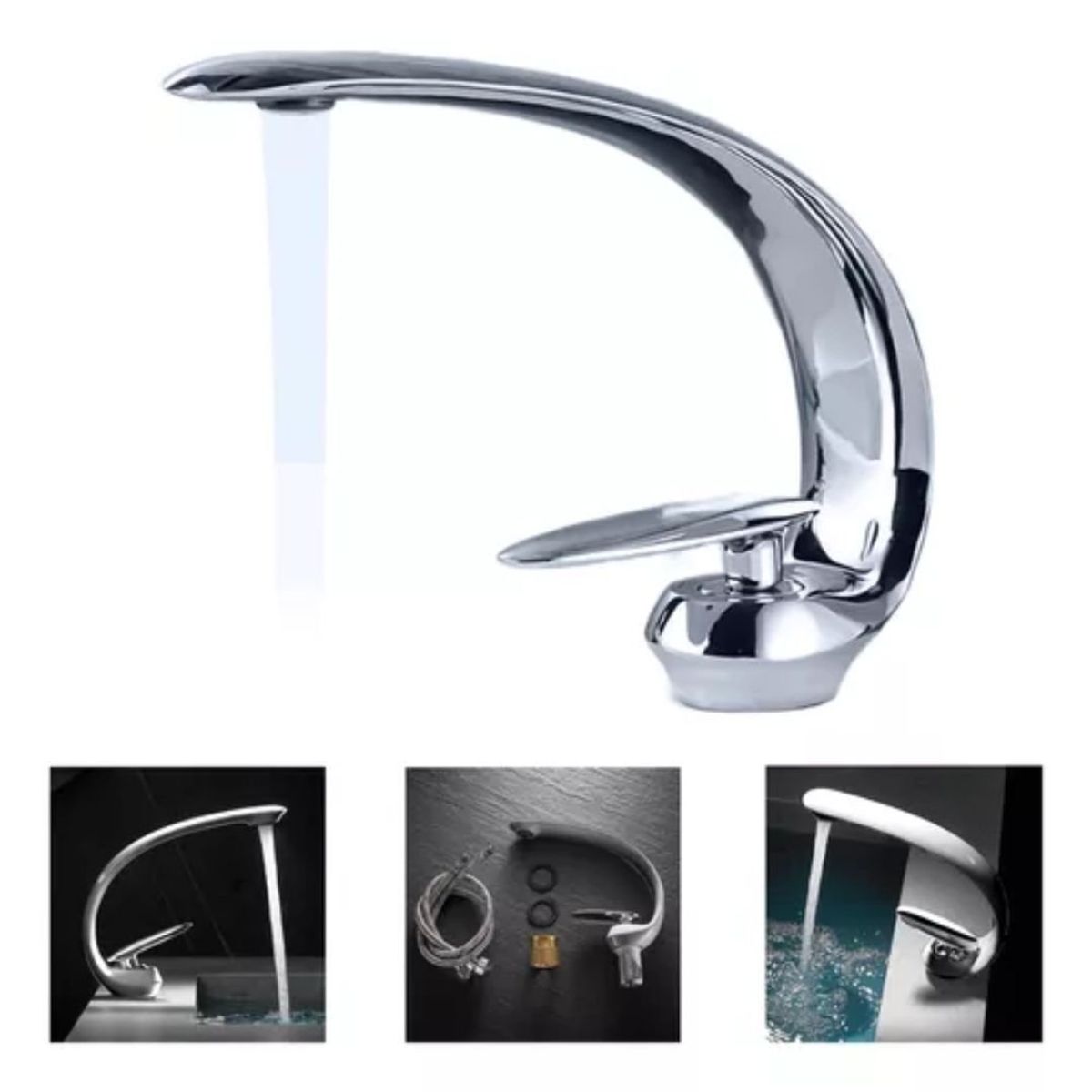 GENERICO - Llave Lavamanos Curva Premium Acero Inoxidable Niquel Baño