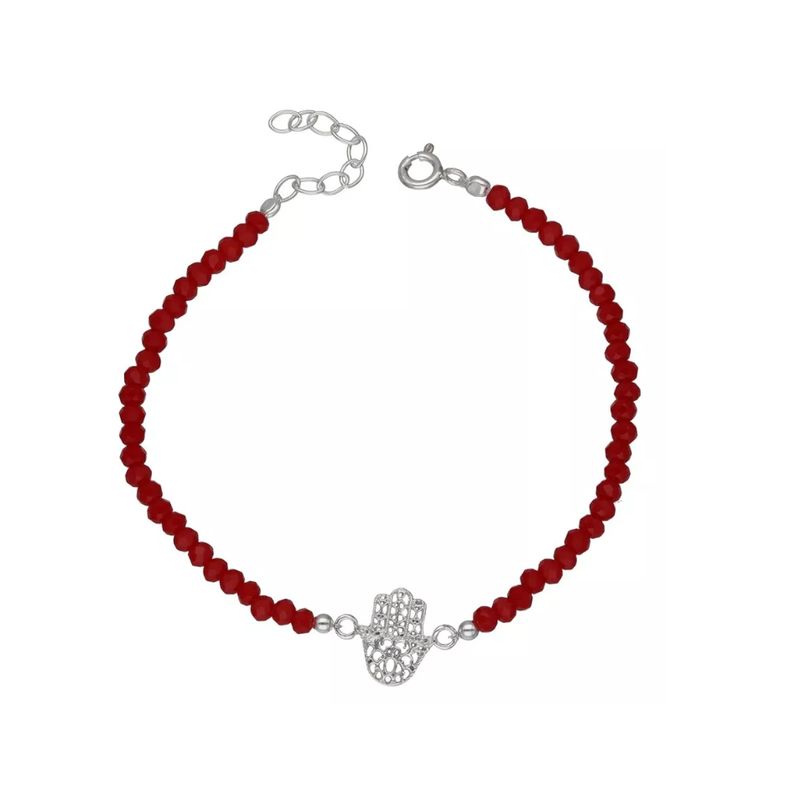 GENERICO - Pulsera Cristales Rojos Mano De Fátima Plata Fina Protección