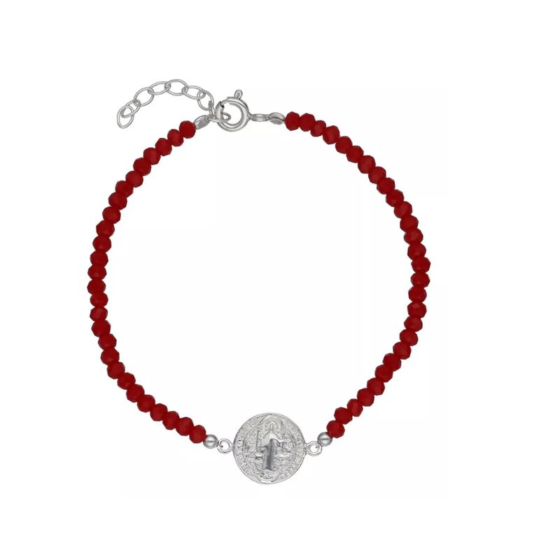 GENERICO - Pulsera De Protección Plata Fina San Benito Cristales Rojos