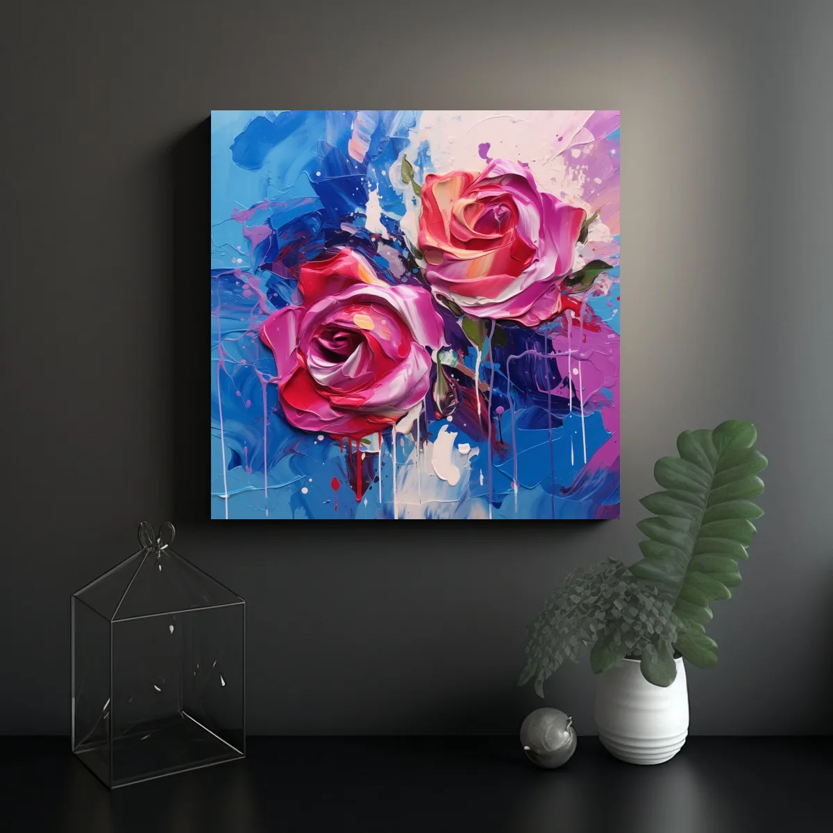 GENERICO - Pintura Abstracta De Rosas Rojas Y Violetas 90x90 Cm