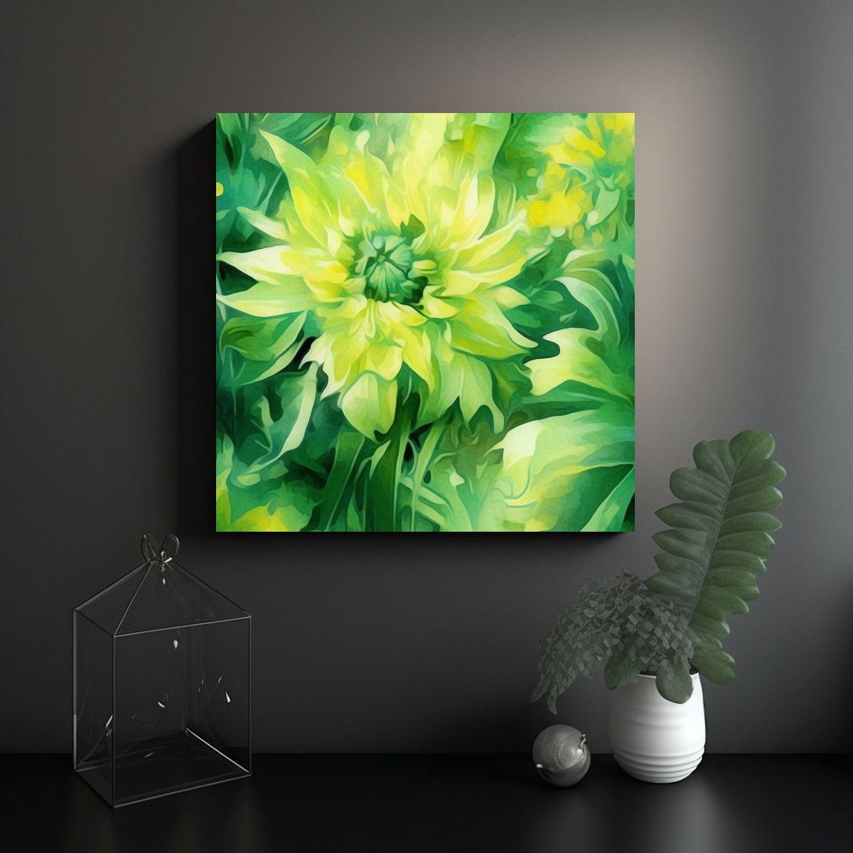 GENERICO - Flores Verdes Vibrantes En Estilo Dadaísta Obra 90x90 Cm
