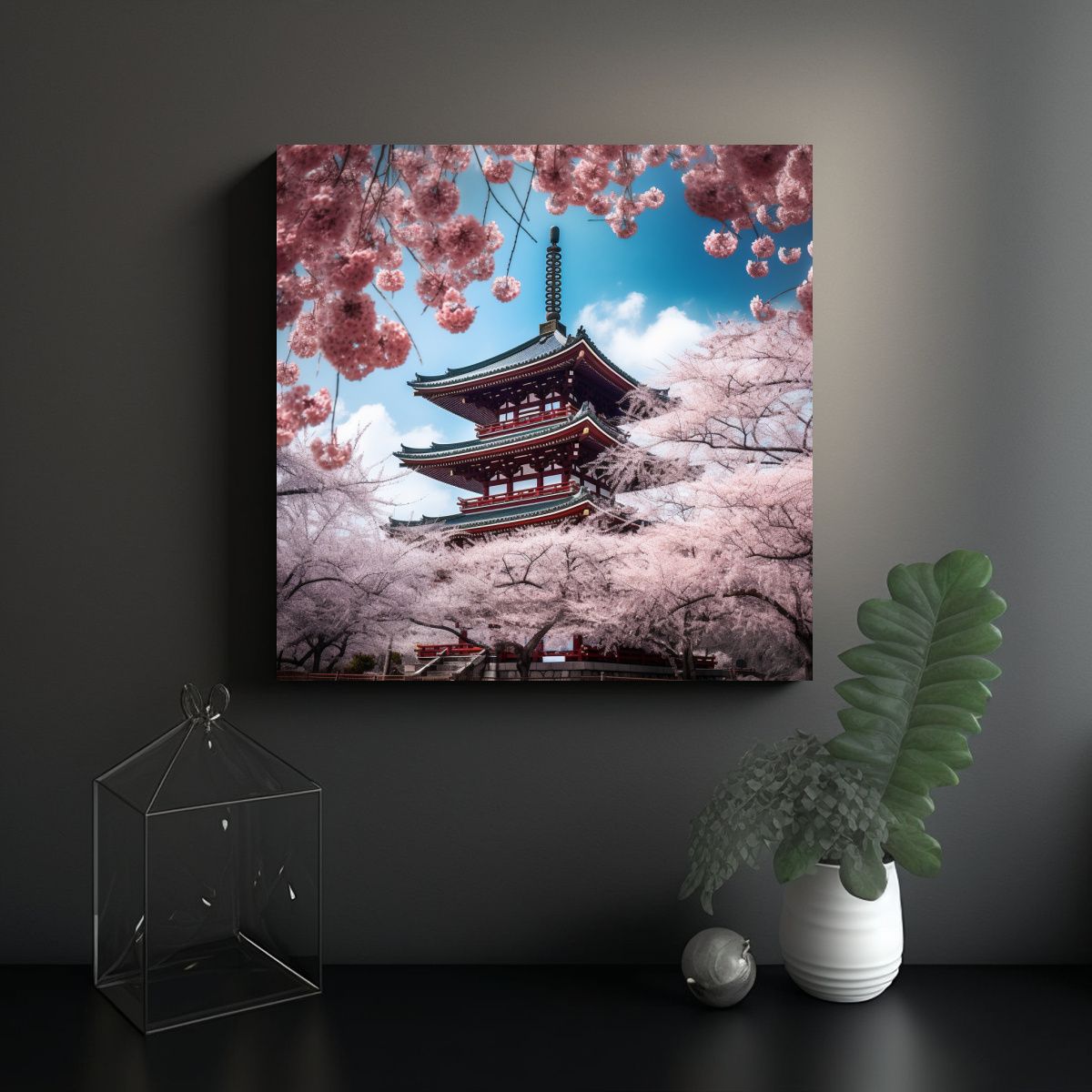 GENERICO - Lienzo Con Pagoda De Cinco Pisos Y Cerezos En 60x60 Cm