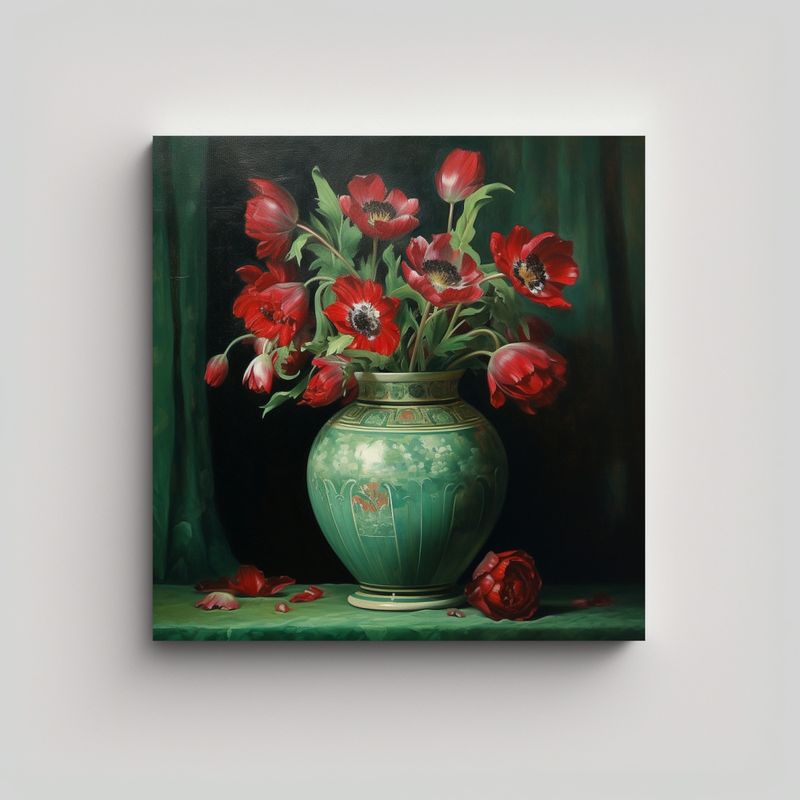 GENERICO - Cuadro Estilo Galería Florero Verde Con Flores 80x80 Cm