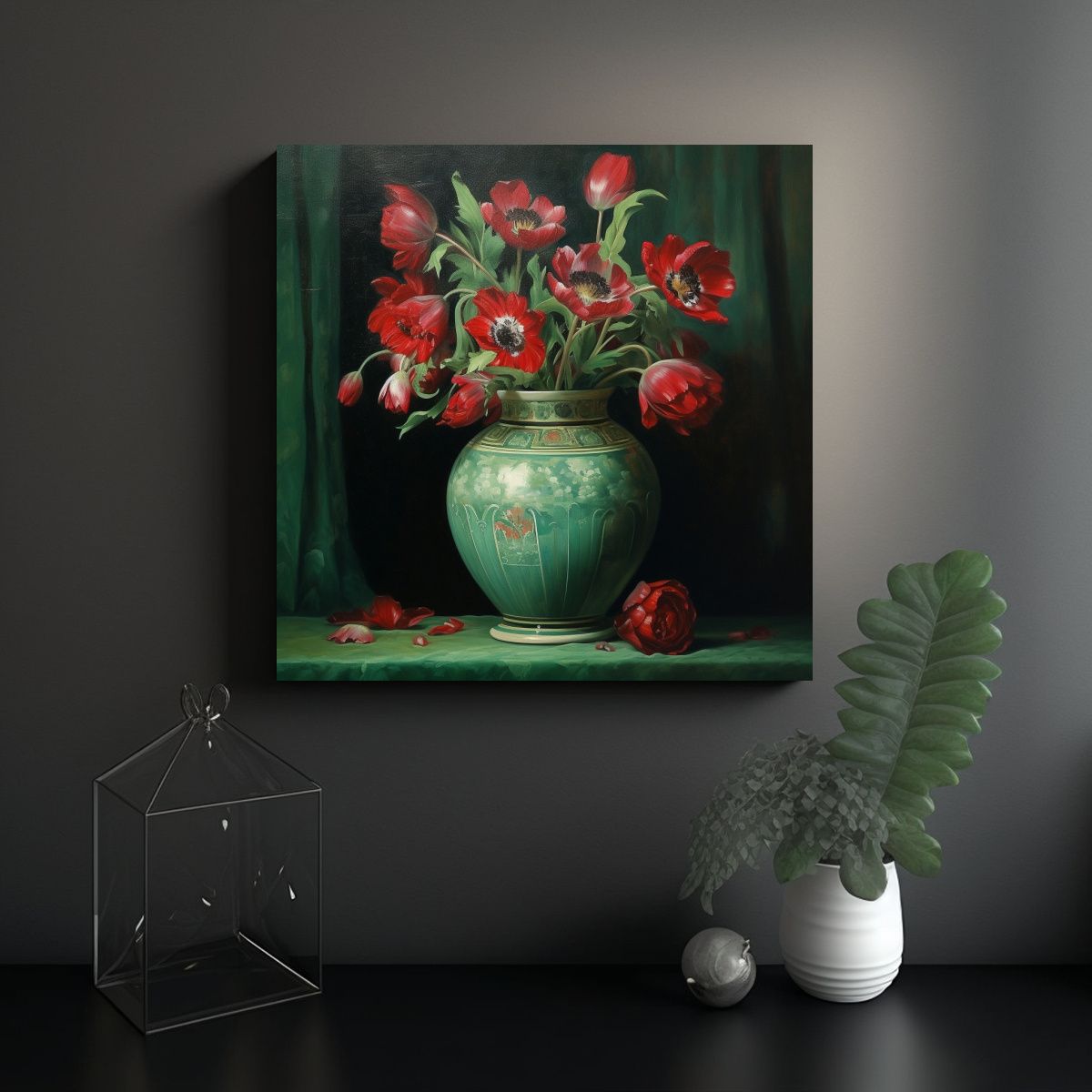 GENERICO - Cuadro Estilo Galería Florero Verde Con Flores 70x70 Cm