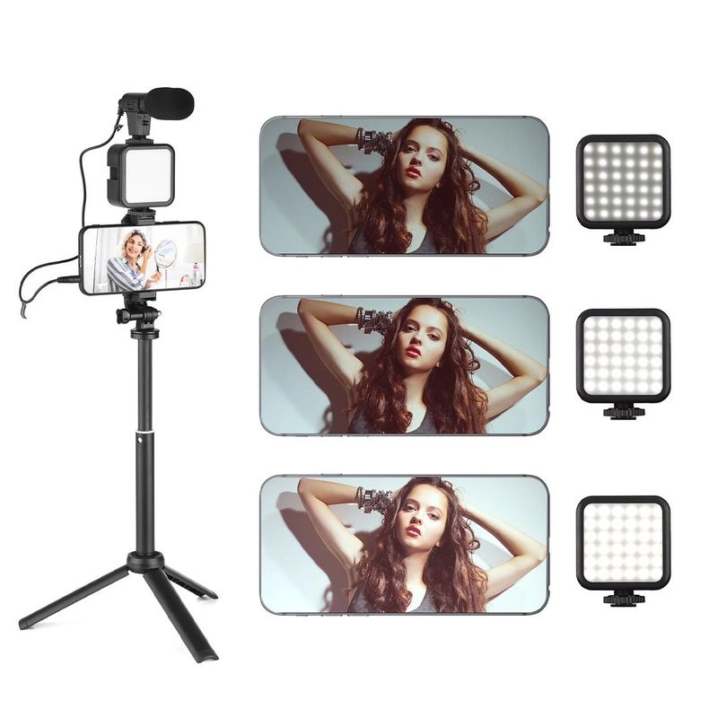 GENERICO - KIT DE GRABACION ESTABILIZADOR TRIPODE LUZ LED Y MICROFONO