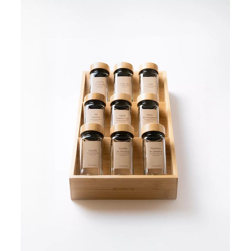 GENERICO - 9 Especieros Condimenteros Con Rack De Bambú Cocina Etiqueta Beige