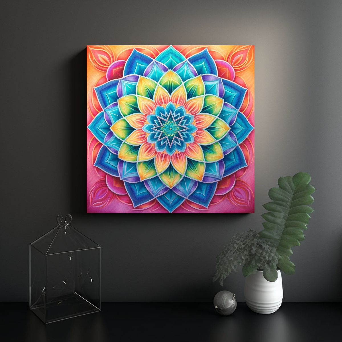 GENERICO - Cuadro Tela Vintage Mandala Simetría Arco Iris 80x80 Cm