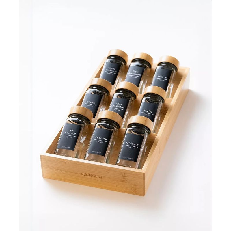 GENERICO - 9 Especieros Condimenteros Con Rack De Bambú Cocina Etiqueta Negra