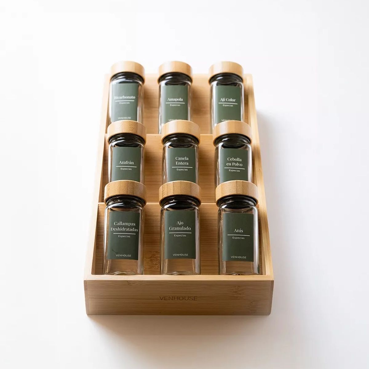 GENERICO - 9 Especieros Condimenteros Con Rack De Bambú Cocina Etiqueta Verde