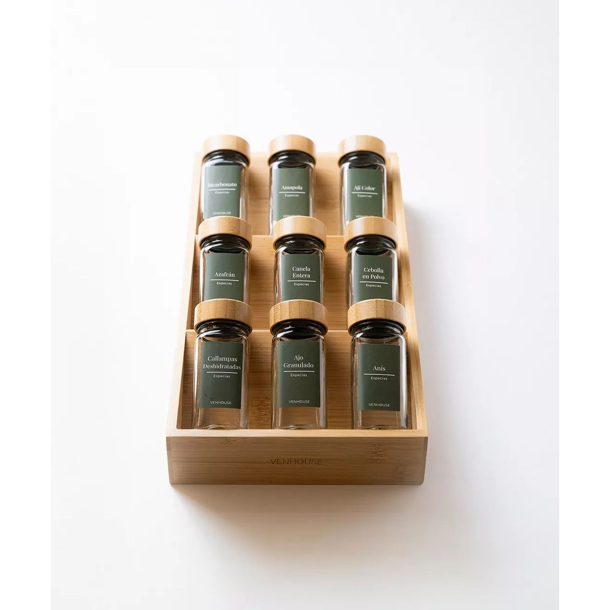 GENERICO - 9 Especieros Condimenteros Con Rack De Bambú Cocina Etiqueta Verde