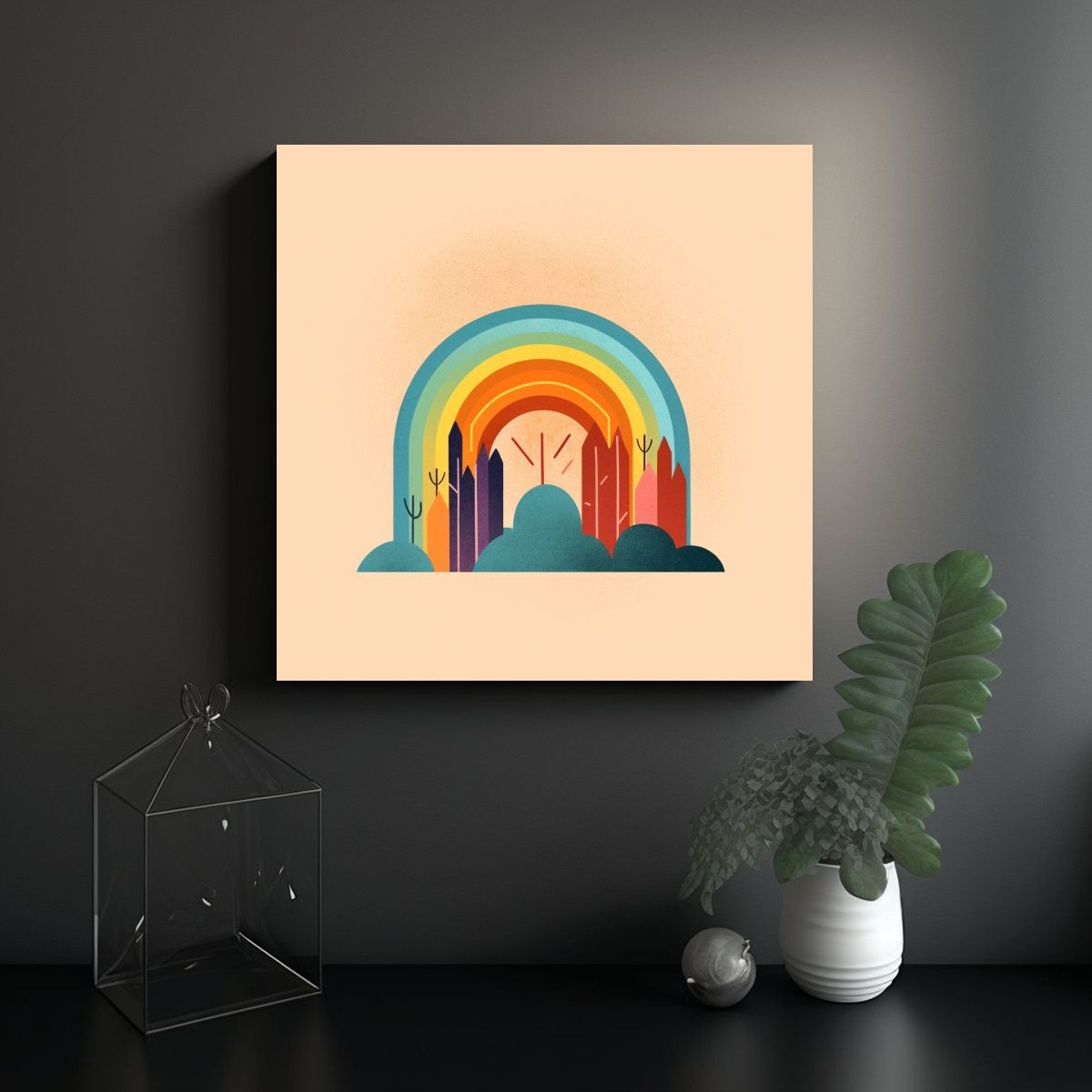 GENERICO - Cuadro Minimalista Arcoíris Bohemio Con Líneas 50x50 Cm