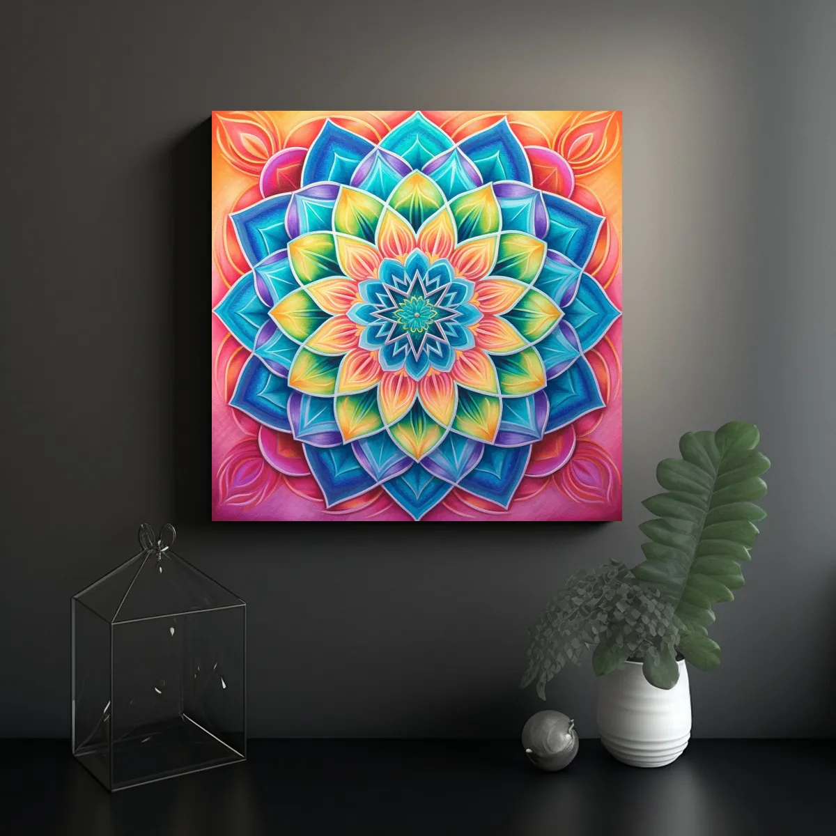 GENERICO - Cuadro Tela Vintage Mandala Simetría Arco Iris 70x70 Cm