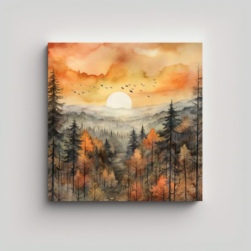 GENERICO - Cuadro De Pared Bosque Acuarela Colores Montañas 90x90 Cm